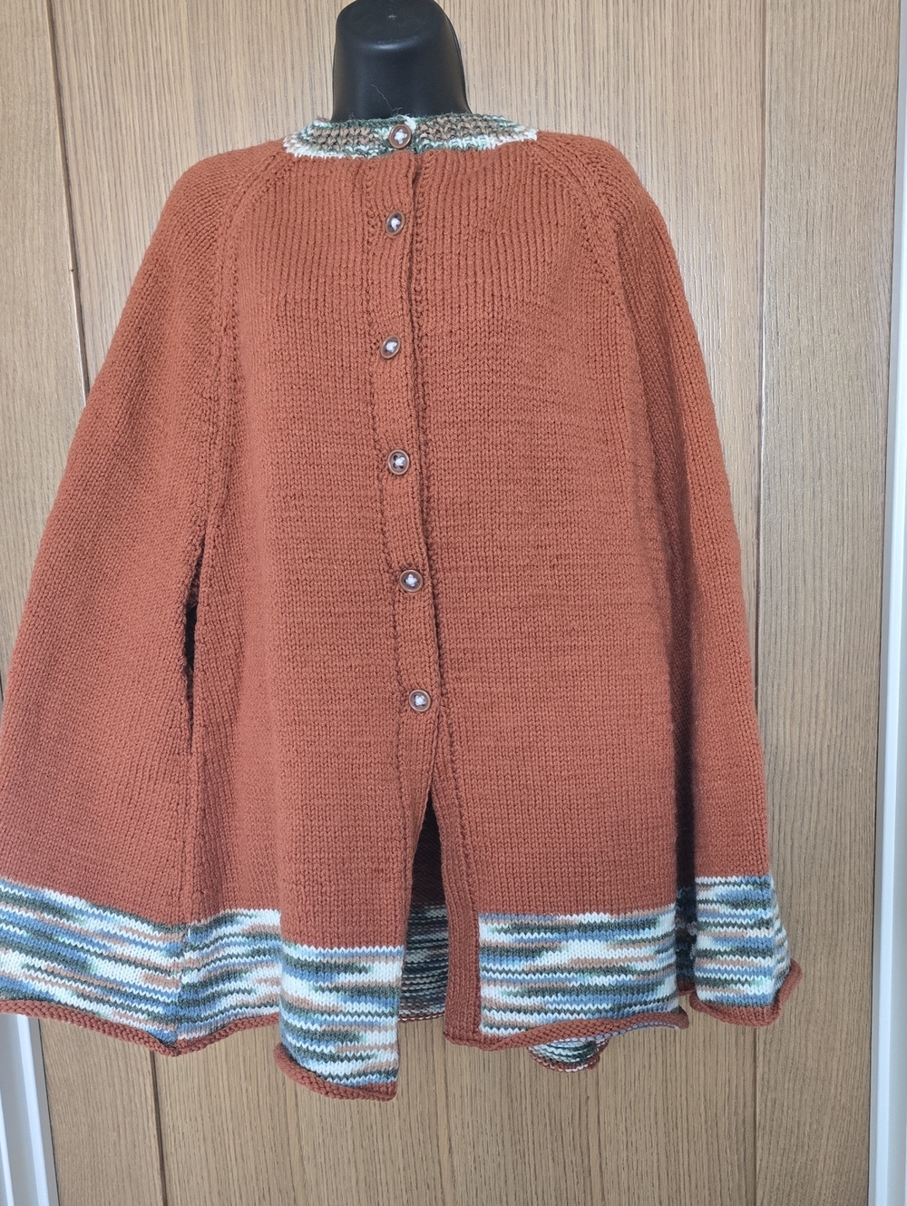 Rust Brown Women’s Button-Up Hand Knit Poncho with Variegated Hem and Neckline